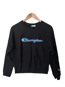 VTG Champion Reverse Weave Pullover Crew Sweatshirt Spell Out Logo Patch Black M - Picture 1 of 9