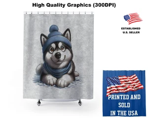 DigiPups Alaskan Malamute Hund blau Winter Beanie Cartoon Badezimmer Duschvorhang - Bild 1 von 5