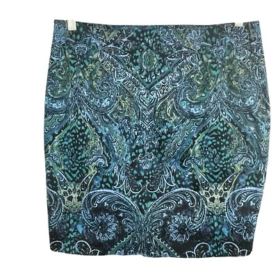Chico's 2 L/12 Skirt Side Zip Blue Green Black Paisley Lined Above Knee Length — 第 1/4 张图片