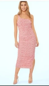 Elegant Womens Pink Floral One-Shoulder Ruched Midi Dress By Likely Size 12 Sexy - Picture 1 of 15