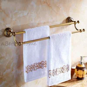 Antique Brass Double Rail Towel Rack Bath Holder Bathroom Shower Clothes Shelf - Picture 1 of 3