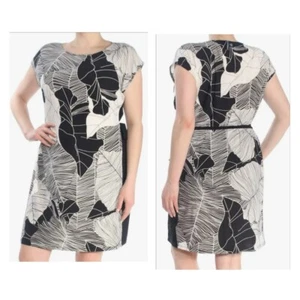 American Living Black White Leaf Print Above-Knee Stretch Dress W Waist Tie 16 - Picture 1 of 8