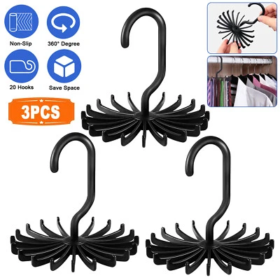 3pcs 20 Hooks Tie Rack Hanger 360° Rotatable Organizer Scarf Belt Storage Holder - Image 1 of 4