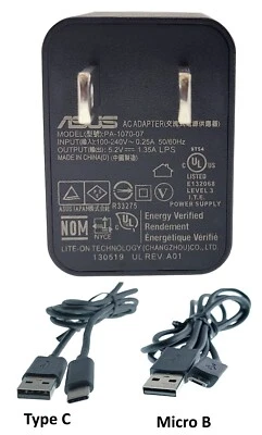 Adaptador AC ASUS (5.2V 1.35A) PA-1070-07 + 2 cabos USB (tipo C e Micro B) fabricante de equipamento original - Imagem 1 de 4