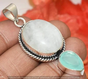 Rainbow Moonstone & Chalcedony Gemstone Pendant 925 Silver Plated U312-A173 - Picture 1 of 1