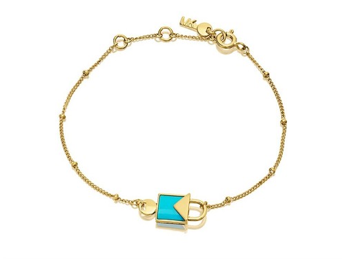 NUOVA CATENA MICHAEL KORS PLACCATA IN ORO + LUCCHETTO SEMI PREZIOSO BLU BRACCIALE PORTACHIAVI