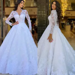 White A Line Wedding Dresses for bride V Neck Lace Long Sleeves Wedding Dress - Picture 1 of 11