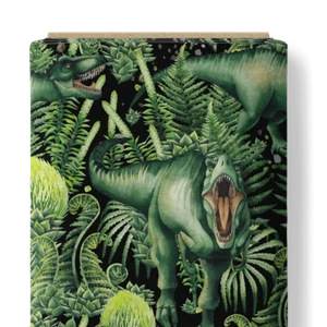 DIGITAL PRINT T-REX DINOSAURS GREEN BLACK 100% COTTON FABRIC per half metre - Picture 1 of 2