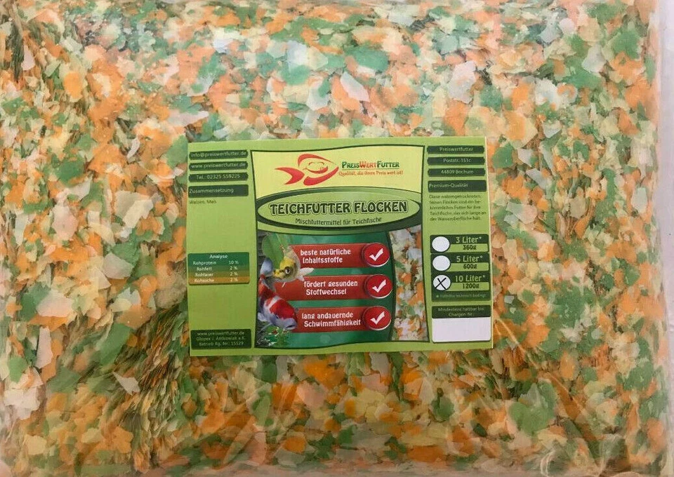 Teich Flocken 10 Liter BEUTEL 1,2 kg Fischfutter Pondfood Teichfutter Futter Koi