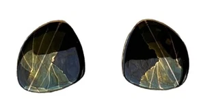 Iridescent Black Abstract Earrings Flat Ceramic Artisan Made Pierced Gold Trim - Picture 1 of 6