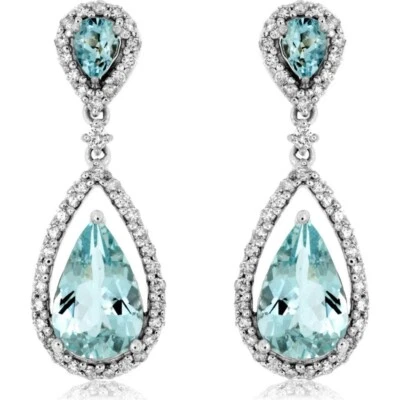 Royal 935 Silver Pear Aquamarine & Round Sapphire Drop Dangle Party Earrings - Image 1 of 4