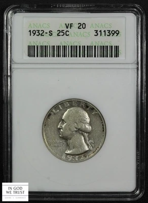 1932 S George Washington Silver Quarter 25C Old Soap Box Holder ANACS VF 20 - Image 1 of 4