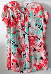 Liz Claiborne Women Floral Cap Sleeve Blouse Top XL Polyester Peach/Green - Picture 1 of 3