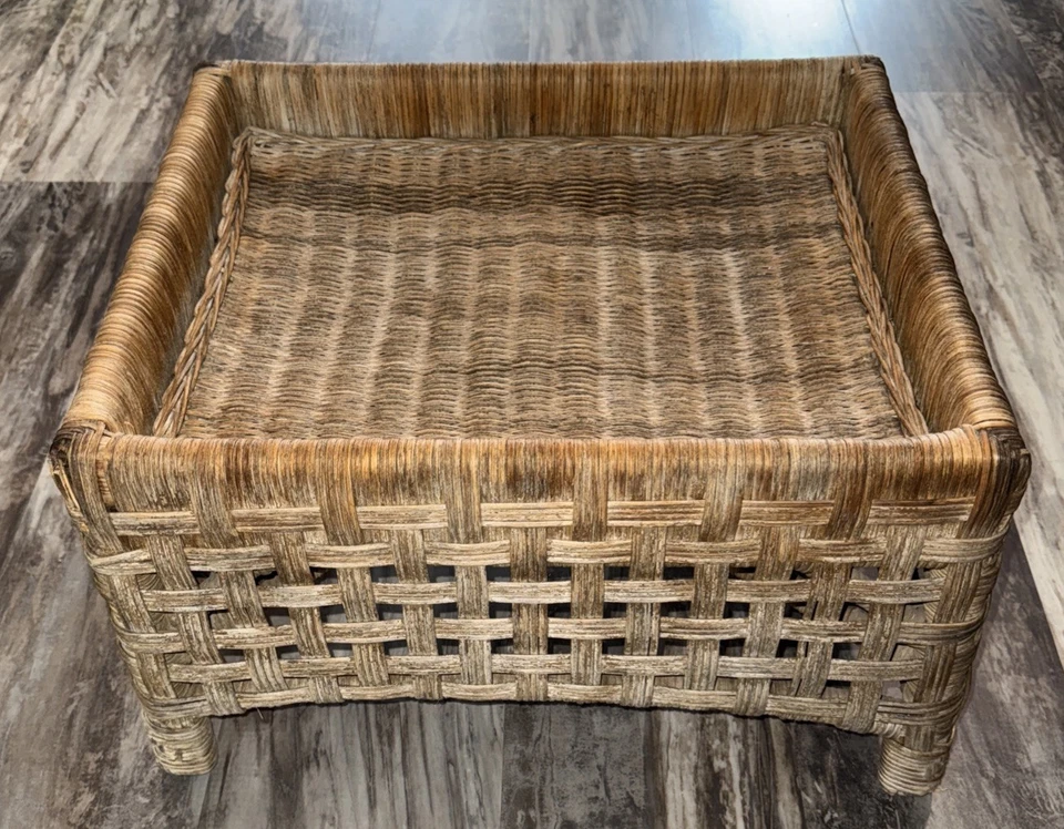 Vintage Rattan Wicker Coffee Plant Table Boho Tiki 22X18X24 Weathered Wear Areas - Image 1 of 4