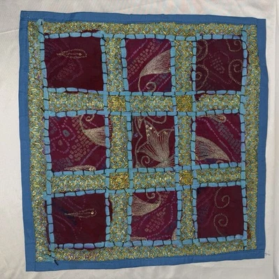 VTG Indian Throw Pillow Cover Beaded Handmade Embroidered Kantha BOHO Sky Blue - Image 1 of 4