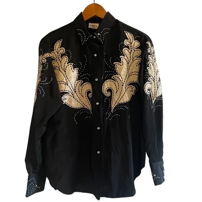 Camisa vaquera Rod's adornada occidental para mujer talla mediana negra cierre a presión Foto 1 de 4