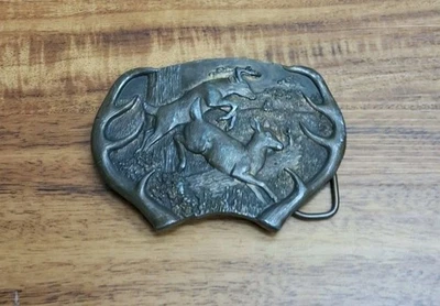 Fivela de cinto vintage 1977 bergamota bronze funciona veado buck corça chifres EUA - Imagem 1 de 4