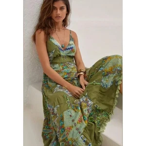 BAROK | Anthropologie grün Blumen Perlen Stufen Maxikleid Quaste Fransen Small - Bild 1 von 9