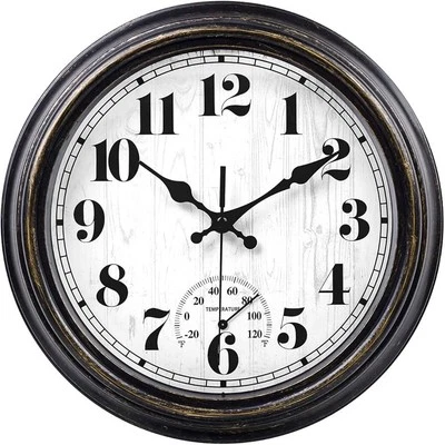 (Black Gold) 45MinST 12 Inch Indoor/Outdoor Retro Round Waterproof Wall Clock