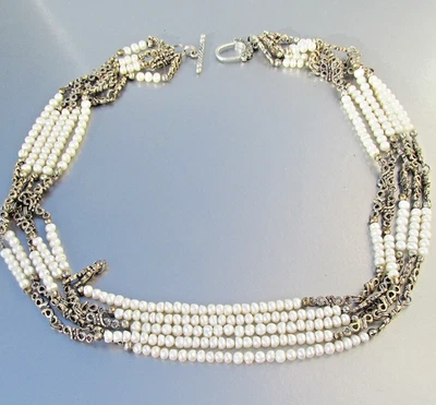 Multi 5 Strand Freshwater Pearl & Sterling Silver Vintage Toggle Necklace - Image 1 of 4