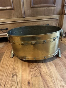 Antique Large Brass Oval Tub Planter Two Floral Side Handles Footed Hob Nailed - Picture 1 of 17