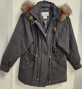 Just Clothes Black Coat Jacket Fox Tail Trimmed Hood Zip Up PS-PM - Picture 1 of 10