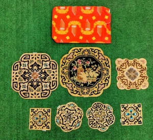 6 Gold Asian/Chinese Assorted Silk Embroidered Yue Hwa Placemat Coasters NOS - Picture 1 of 8