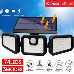 3 Head Solar Motion Sensor Light 74LED Outdoor Garden Wall Security Flood Lamp - Picture 1 of 11
