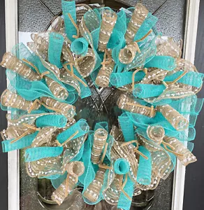Aqua Blue and Burlap/Jute Deco Mesh Wreath Home Decor Pool Party Decoration - Picture 1 of 6