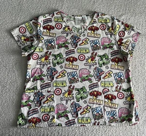 Marvel Avengers Scrub Top Women’s Sz XL White Comics Shirt Medical Nursing - Picture 1 of 9