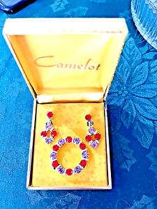 Vintage Camelot jewelry set, brooch & clip earrings, red & lavender stones.