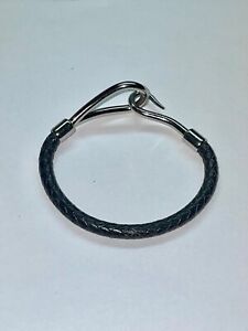 HERMES Jumbo Silver Hook Bracelet Bangle Leather Black 