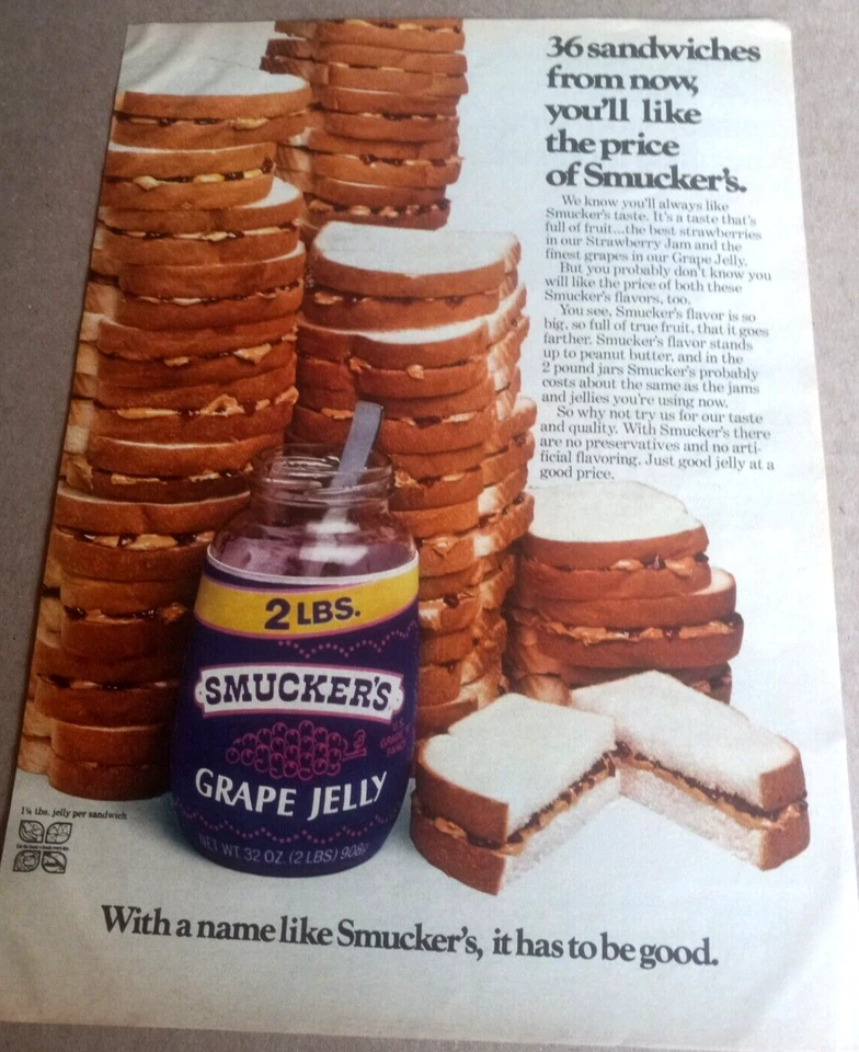 Anuncio impreso 1978 - Smucker's Grape Jelly & Peanut Butter Sandwich Página de publicidad Foto 1 de 1