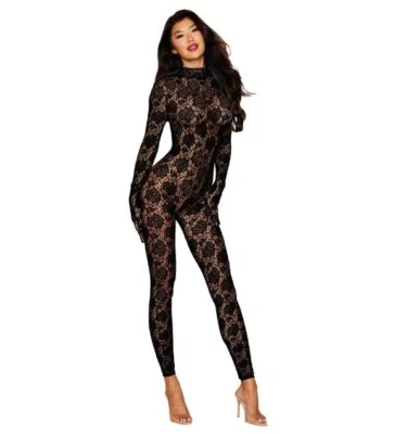 SEAMLESS KNITTED LARGE ROSE DESIGN GLOVED BODYSTOCKING - Image 1 of 2