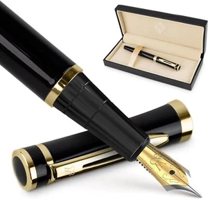 Fountain Pen Set, Medium Nib, 24 Ink,  Converter, Gift Case  [Black Gold] - Picture 1 of 8