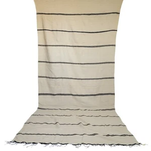 Vintage Handmade Moroccan Rug White Beige Black Striped Black Fringe Carpet - Picture 1 of 24
