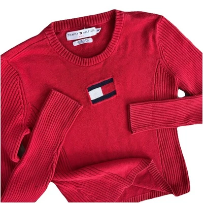 Vintage Tommy Hilfiger Sweater Knit Pullover Y2K Flag Logo Women Sz M Cotton - Image 1 of 4
