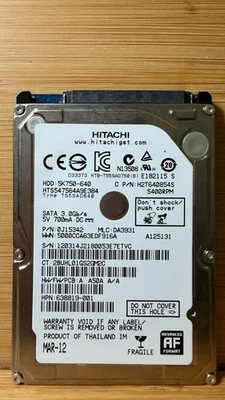 Hitachi HTS547564A9E384 P/N:0J15342 MLC:DA3931 FW:A A50A A/A 640GB 2.5" SATA HDD - Image 1 of 2