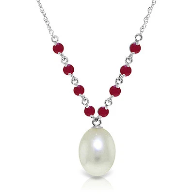 5 CTW 14K Oro Blanco Sólido Fino Collar 18" Genuino Rubíes Perla Foto 1 de 4