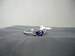 PURPLE AMETHYST OVAL GEMSTONE AND 2 CLEAR ROUND CUBIC ZIRCONIAS RING, SIZE: 9 - Picture 1 of 4