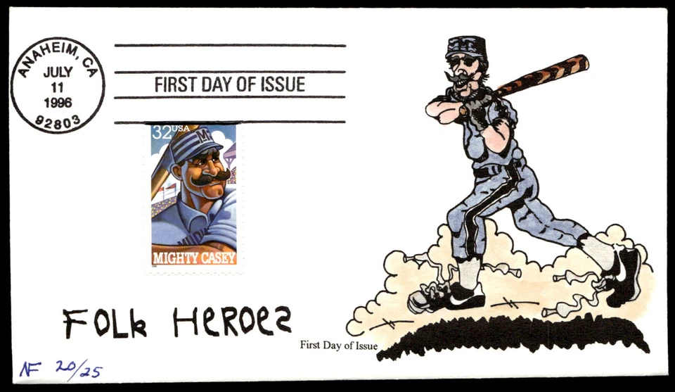 1996 Mighty Casey at Bat FDC American Folk Heroes Hand Colored Faircloth Cachet - Image 1 of 2