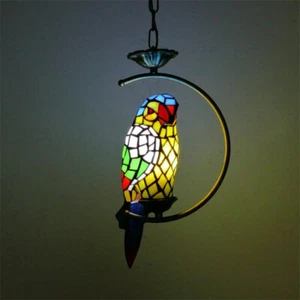 Vintage Tiffany Style Stained Glass Ceiling Light Parrot Pendant Lamp Fixture - Picture 1 of 9