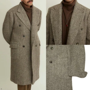 Brown Men Long Overcoat Wool Blend Coat Regular Fit Tweed Double Breasted Custom - Picture 1 of 20