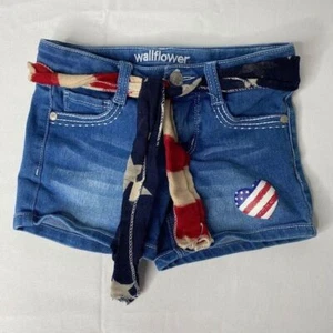 Wallflower Denim Shorts Girls 4 Youth Blue USA Stars Stripes Belted - Picture 1 of 6