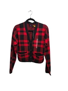 Polo Ralph Lauren Tartan Wolle schwarz kariert Cropped Cardigan rot V-Ausschnitt Damen Gr. S - Bild 1 von 6