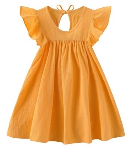 Toddler Girls Cotton Linen Dress Sleeveless Ruffle Baby Sundress Back Tie Style - Picture 1 of 5