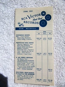 June 1951 RCA VICTOR Red Seal Records Supplement RECORD CATALOG LP 33 & 45 78 - Picture 1 of 3