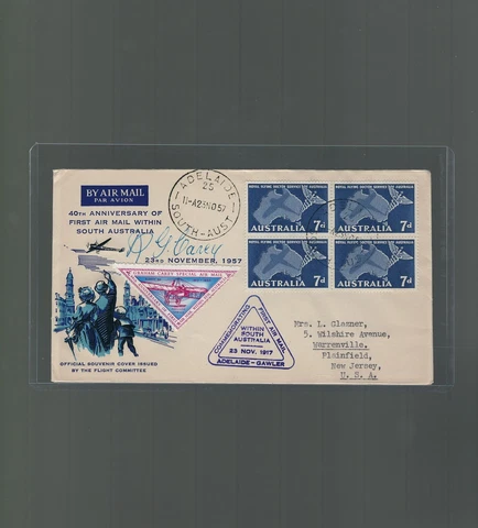 Australia Flight Cover signed by Robert Graham Carey 1957 Adelaide to Gawler Cover