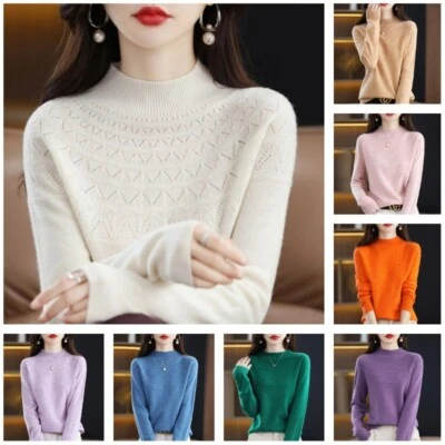 Woman Slim Knitted Sweater Mock Neck Jumper Hollow Pullover Bottoming Blouse - Image 1 of 4