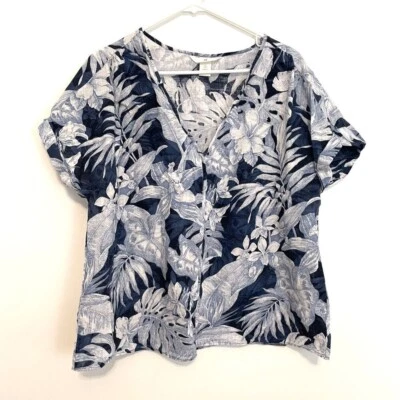H&M L.O.G.G. V-Neck Cotton Blouse Blue Tropical Hawaiian Floral Leaf Boho Large - Image 1 of 4